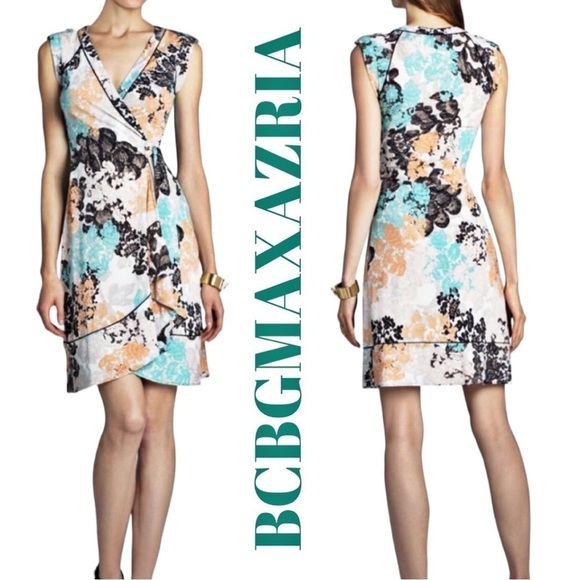 BCBGMAXAZRIA Lylee Floral V-Neck Wrap Dress Sea Green & Orange, Size XXS - Picture 1 of 12